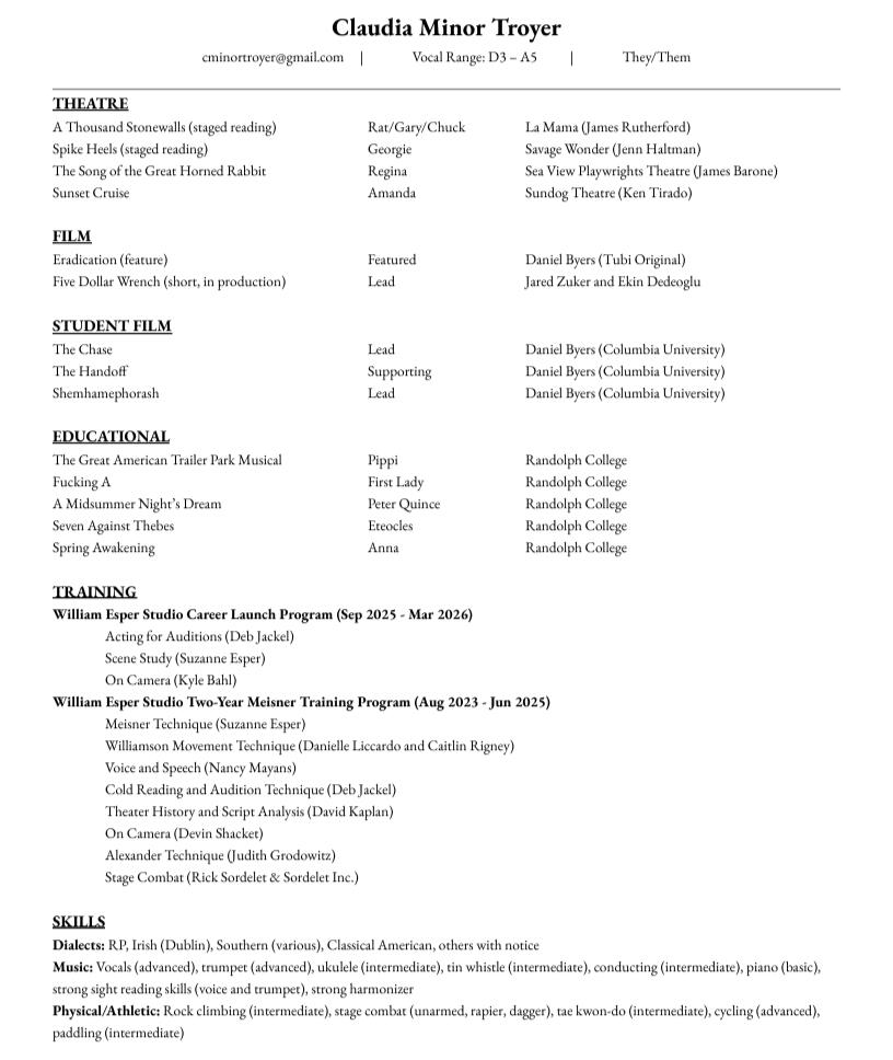 Claudia Minor Troyer actor resume