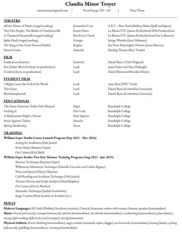 Claudia Minor Troyer actor resume