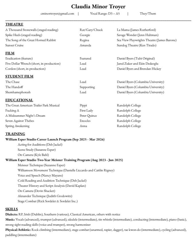 Claudia Minor Troyer actor resume